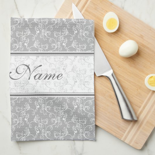 Zachte moderne witte & grijze Damask Theedoek (Quarter Fold)