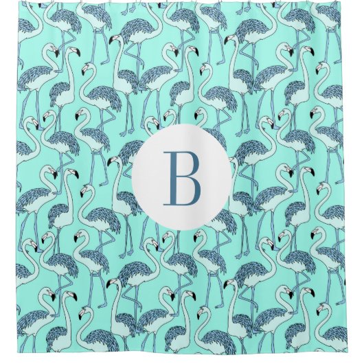 Zachte Monogram Blauwe Flamingo's Patroon Douchegordijn (Voorkant)