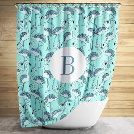 Zachte Monogram Blauwe Flamingo's Patroon Douchegordijn