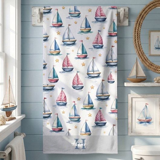 Zachte Monogram Zeilboot & Naam Kinderen Badhanddoek