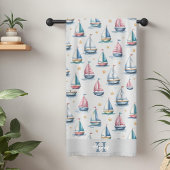 Zachte Monogram Zeilboot & Naam Kinderen Badhanddoek
