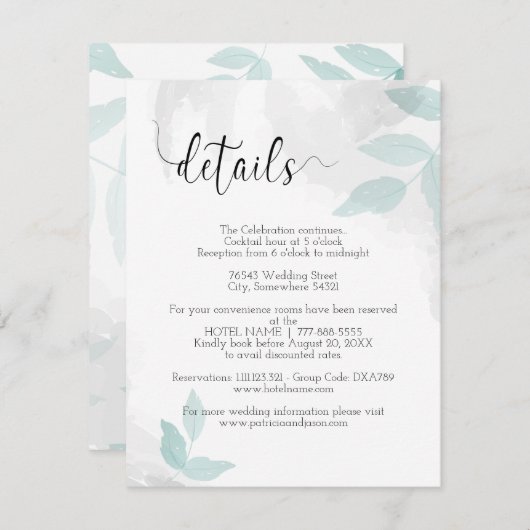 Zachte munt en grijze bruiloft — details informatiekaartje (Voorkant / Achterkant)