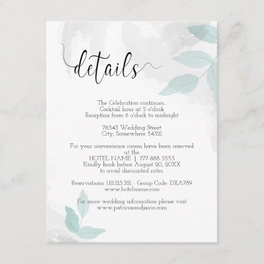 Zachte munt en grijze bruiloft — details informatiekaartje (Voorkant)