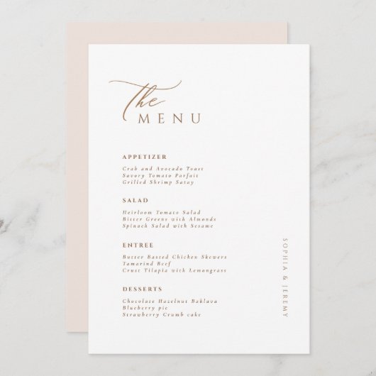 Zachte Natuurlijke Pastel Beige Bruiloft Menu (Voorkant / Achterkant)