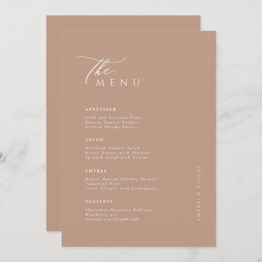 Zachte natuurlijke pastel Mocco bruiloft Menu (Voorkant / Achterkant)