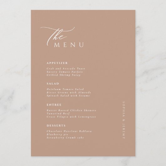 Zachte natuurlijke pastel Mocco bruiloft Menu (Voorkant)