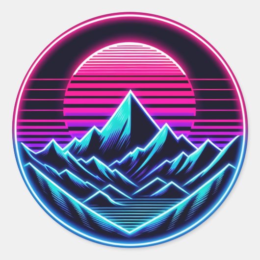 Zachte Neon Mountain Circle - Minimale Retro Glow Ronde Sticker (Voorkant)