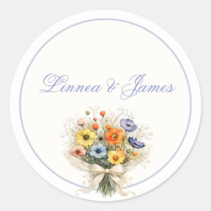 Zachte Neutrale Wilde Bloemen Bruiloft Ivoor Stofb Ronde Sticker
