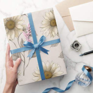 Zachte Neutrale Zonnebloem Crème Bloemmotief Cadeaupapier