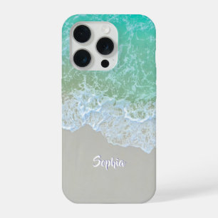 Zachte oceaan golven, strand zand, script naam iPhone 15 pro case