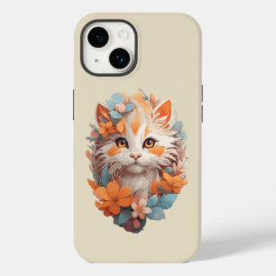 Zachte Oranje Bloemige Kitty Kat Case-Mate iPhone 14 Hoesje