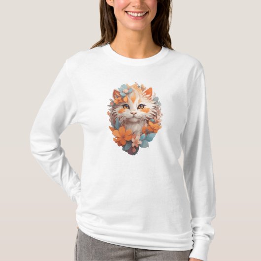 Zachte Oranje Bloemige Kitty Kat T-shirt (Voorkant)