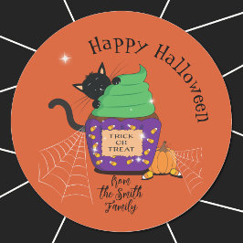 Zachte oranje Halloween-stickers met zwarte kat Ronde Sticker