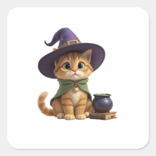 Zachte Oranje Lapjeskat Heksenkat Halloween Vierka Vierkante Sticker