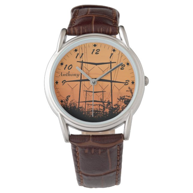 Zachte oranje zonsondergang over hoogspanningslijn horloge (Voorkant)
