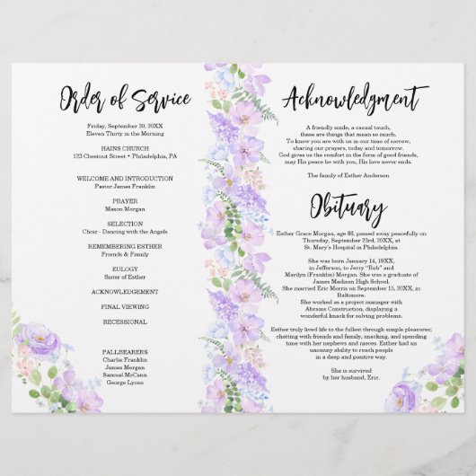 Zachte Paarse bloemblaadjes gevouwen begrafenispro Flyer (Achterkant)