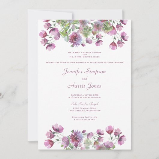 Zachte Paarse bloemen bruiloft Kaart (Voorkant)