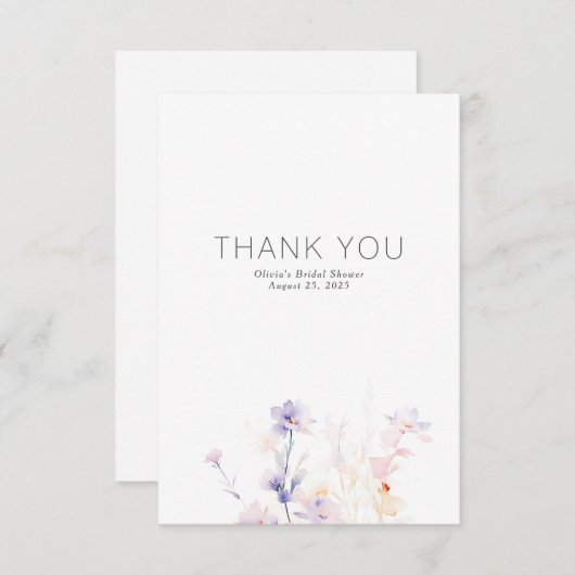 Zachte paarse bloemen minimalistisch klein dank u bedankkaart (Voorkant / Achterkant)