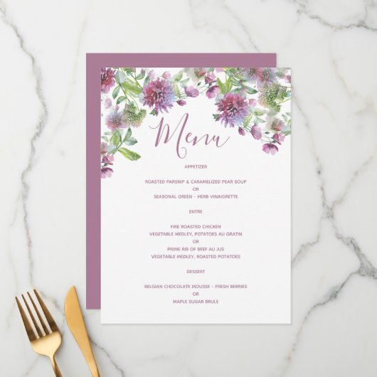 Zachte Paarse Bloemen Wedding Receptie Menu Kaart (Voorkant / Achterkant in situ)