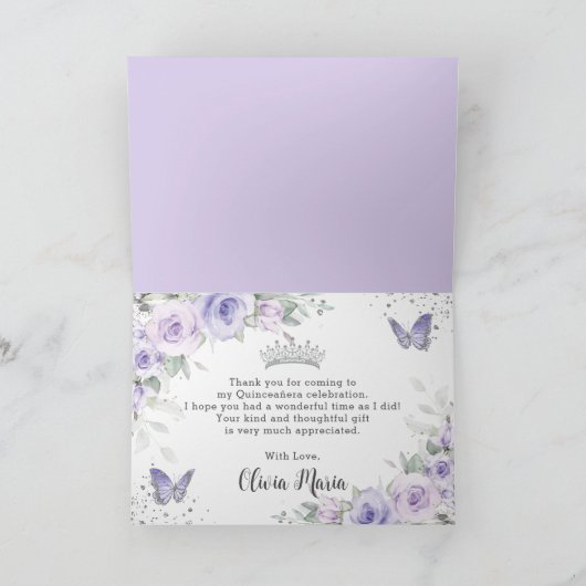 Zachte Paarse Bloemenvlinders Zilver Quinceañera Bedankkaart (Binnen)