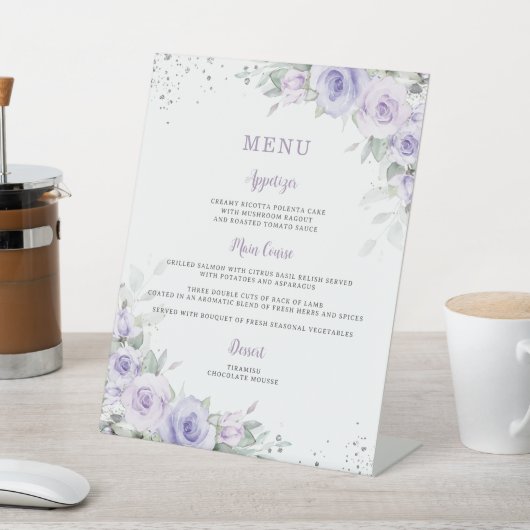 Zachte Paarse Lavendel Bloemen Groen Menu Reclamebord Met Voetstuk (Insitu)