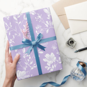Zachte Paarse Lavendel Witte Bloemmotief Cadeaupapier