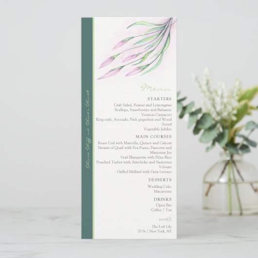 Zachte Paarse Lelies Bruiloft Menu (Staand voorkant)