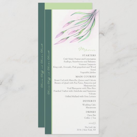 Zachte Paarse Lelies Bruiloft Menu (Voorkant / Achterkant)