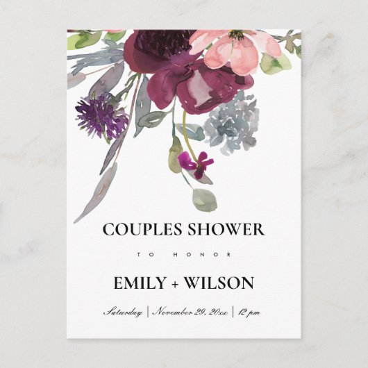 ZACHTE PAARSE LILA WATERVERF FLORAL COUPLES SHOWER UITNODIGING BRIEFKAART (Voorkant)