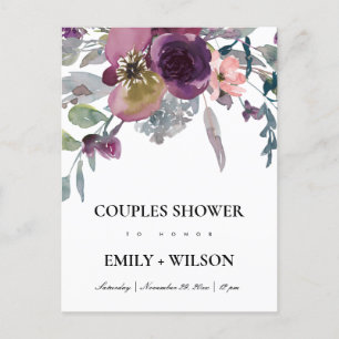 ZACHTE PAARSE LILA WATERVERF FLORAL COUPLES SHOWER UITNODIGING BRIEFKAART
