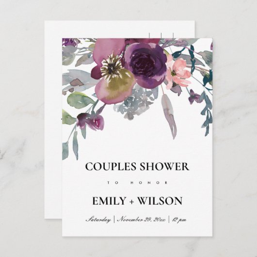 ZACHTE PAARSE LILA WATERVERF FLORAL COUPLES SHOWER UITNODIGING BRIEFKAART (Voorkant / Achterkant)