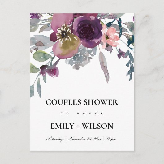 ZACHTE PAARSE LILA WATERVERF FLORAL COUPLES SHOWER UITNODIGING BRIEFKAART (Voorkant)