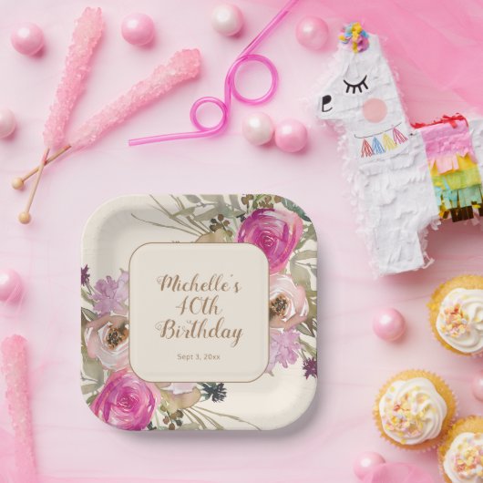 Zachte Paarse Roze Waterverf Bloemen 40e Verjaarda Papieren Bordje (Feest)