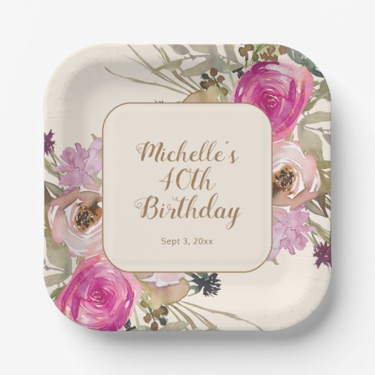 Zachte Paarse Roze Waterverf Bloemen 40e Verjaarda Papieren Bordje (Voorkant)