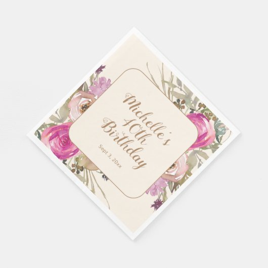 Zachte Paarse Roze Waterverf Bloemen 40e Verjaarda Servet (Hoek)