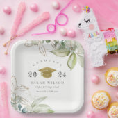 Zachte pasta Gold Green Foliage Graduage Cap Papieren Bordje (Feest)