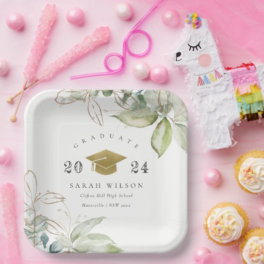 Zachte pasta Gold Green Foliage Graduage Cap Papieren Bordje (Feest)