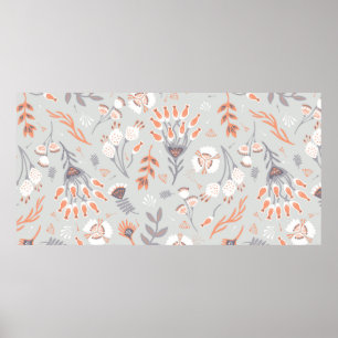 Zachte pasta, grijze Oranje Floral, naadloos patro Poster