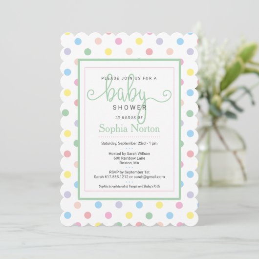 Zachte pasta poka Dots Baby shower Invitation Kaart (Staand voorkant)