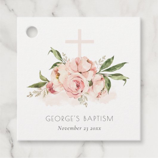 Zachte pasta's Roos Floral Cross Bunch Baptisme Bedankjes Labels (Voorkant)