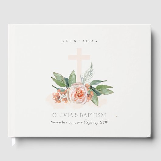 Zachte pasta's Roos Floral Cross Bunch Baptisme Gastenboek (Voorkant)