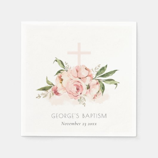 Zachte pasta's Roos Floral Cross Bunch Baptisme Servet (Voorkant)