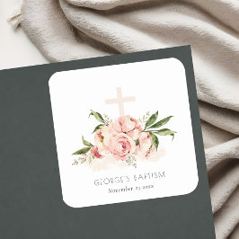 Zachte pasta's Roos Floral Cross Bunch Baptisme Vierkante Sticker