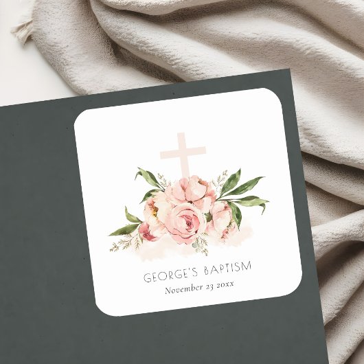 Zachte pasta's Roos Floral Cross Bunch Baptisme Vierkante Sticker