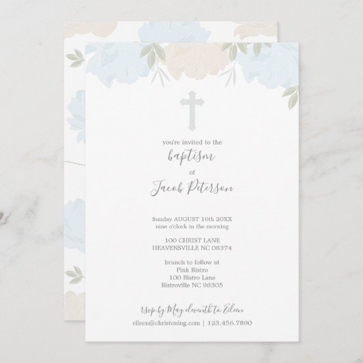 Zachte pastblauw ponies Cross Boy Baptisme Kaart (Voorkant / Achterkant)