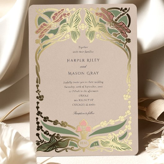 Zachte pastel Art Nouveau Dragonfly bruiloft Folie Uitnodiging