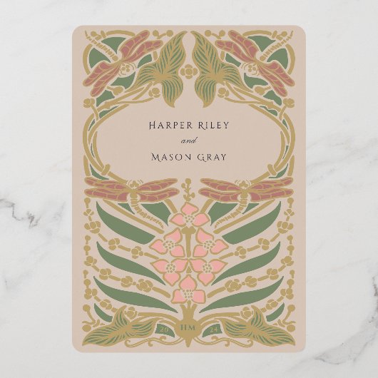 Zachte pastel Art Nouveau Dragonfly bruiloft Folie Uitnodiging (Achterkant)