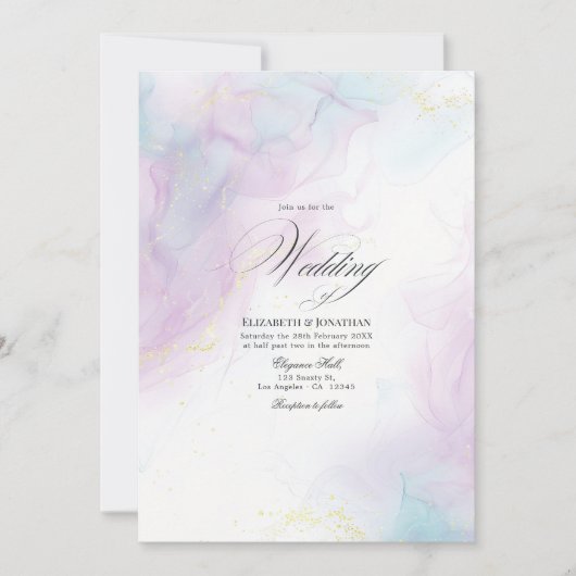 Zachte Pastel Blauw en Goud Alcohol Ink Wedding Kaart (Voorkant)