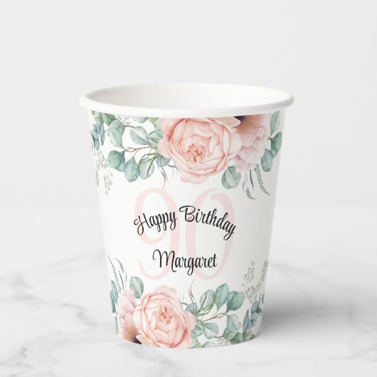 Zachte Pastel Bloemen 90ste Verjaardag Viering Papieren Bekers (Voorkant)