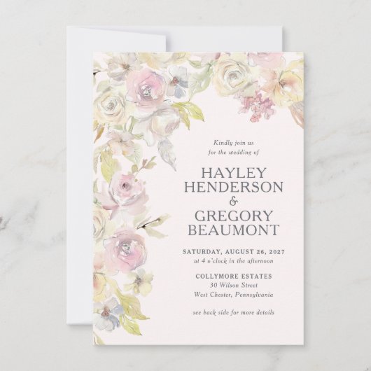 Zachte Pastel Bloemen Dubbelzijdige bruiloft Kaart (Voorkant)